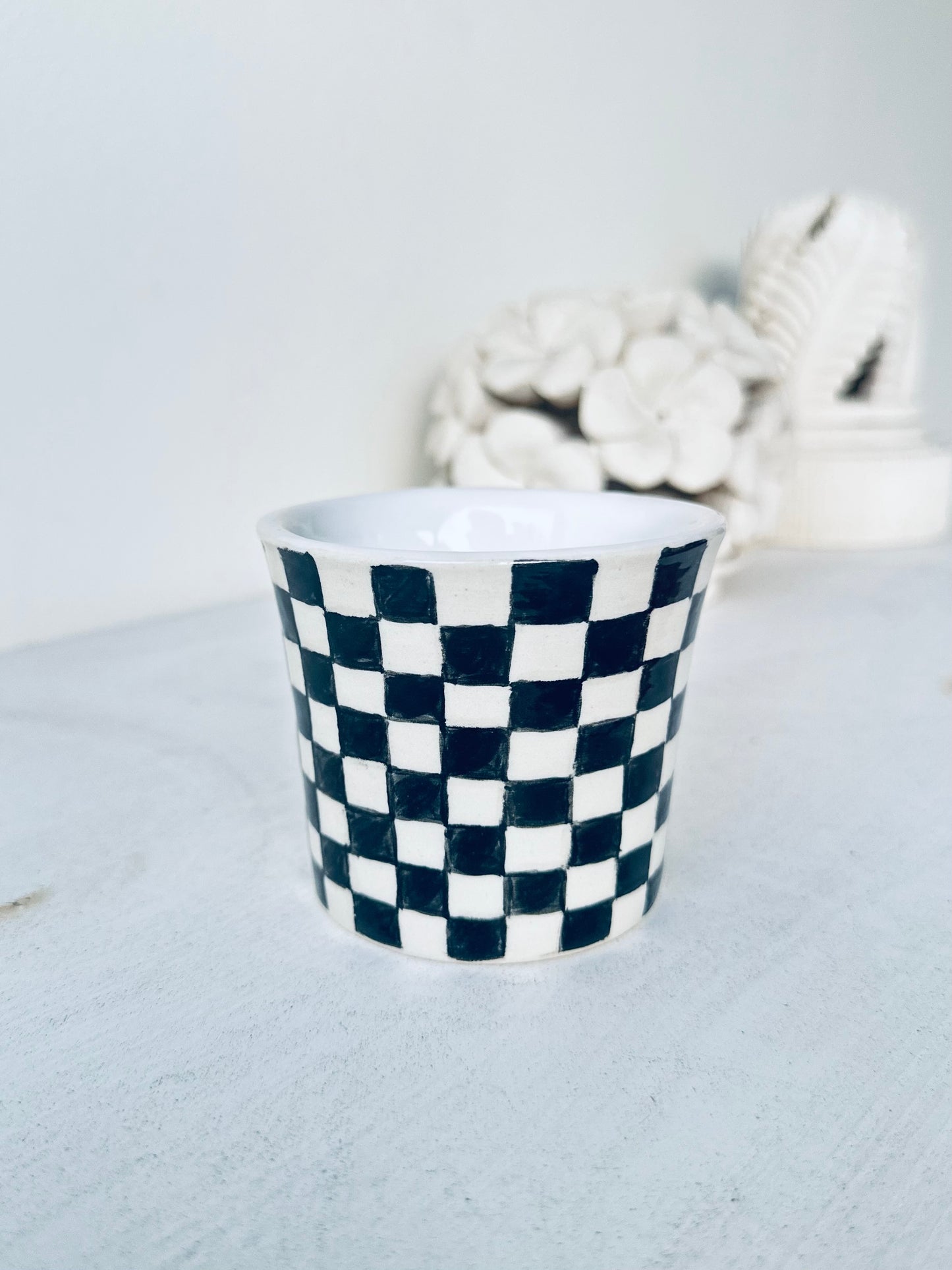 CHECKERED & LOVE MUG | Black and White Checkered Mug with Red Hearts