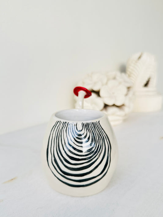 SWIRL WHITE MUSHROOM MUG | White Mug with Mushroom on Handle and Black Swirl