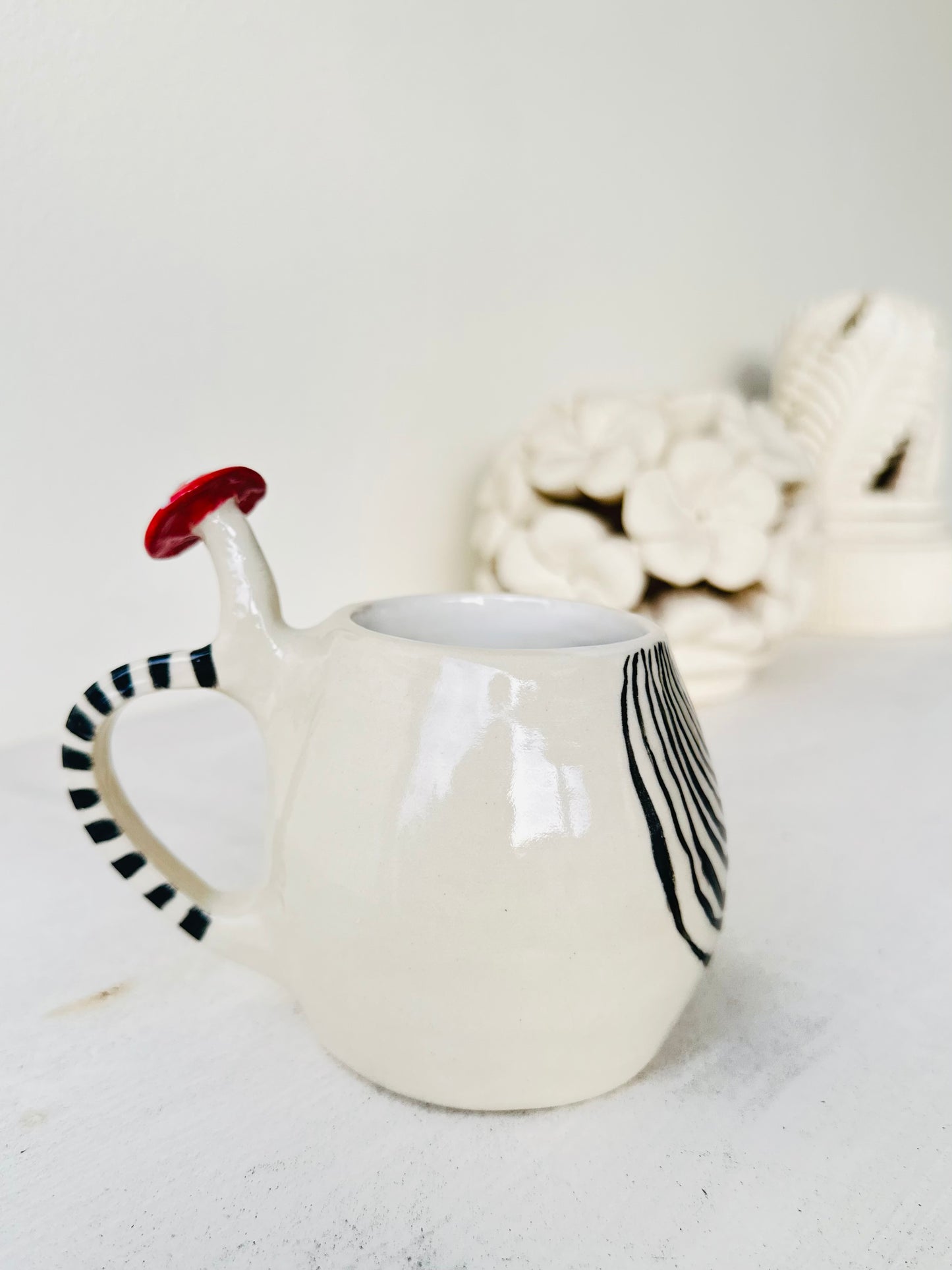 SWIRL WHITE MUSHROOM MUG | White Mug with Mushroom on Handle and Black Swirl