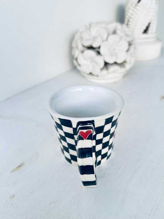 CHECKERED & LOVE MUG | Black and White Checkered Mug with Red Hearts