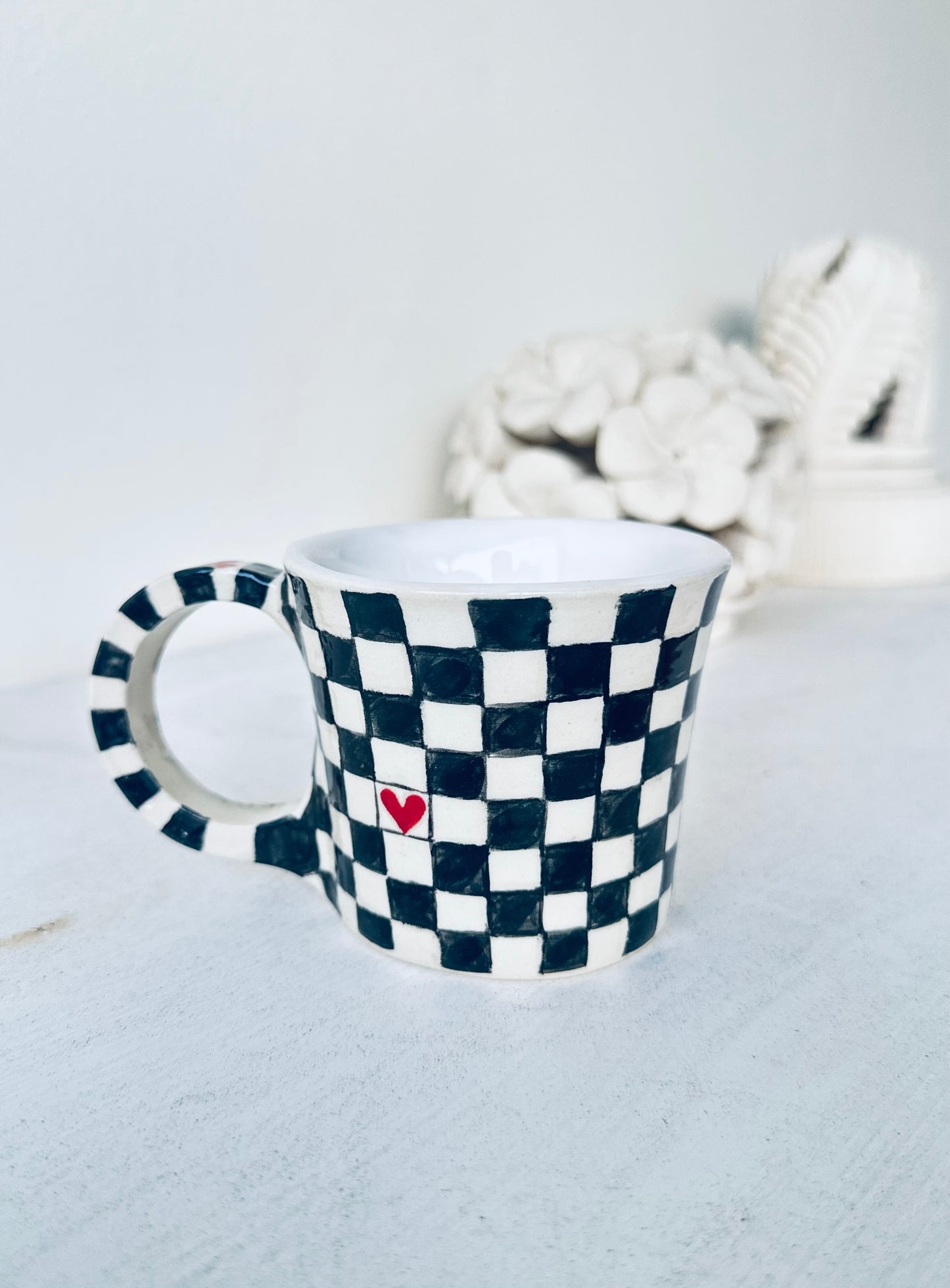 CHECKERED & LOVE MUG | Black and White Checkered Mug with Red Hearts